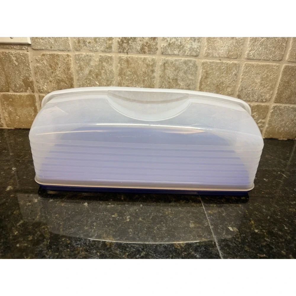 Tupperware Bake N Take Cake Cupcake Rectangle Taker Carrier Blue Clear in EUC